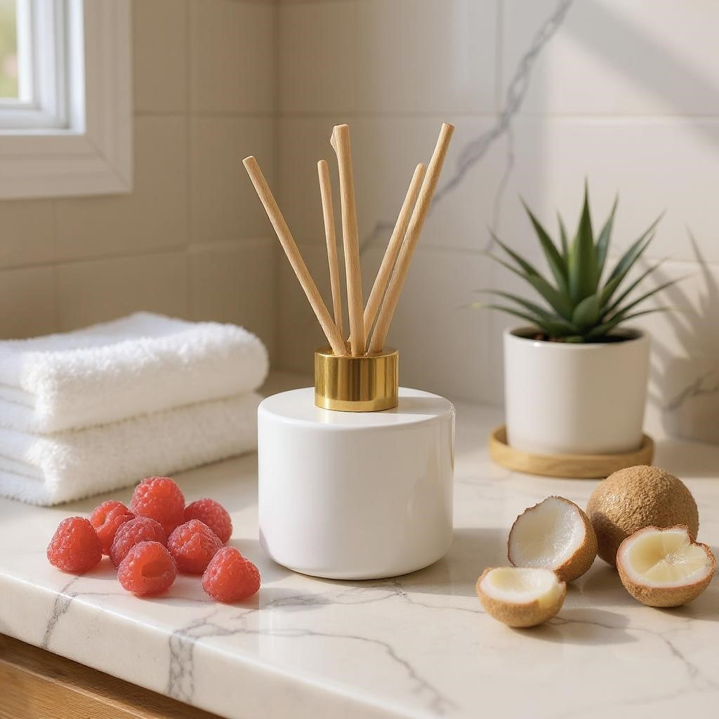 Aretii Champagne Red Berries reed diffuser 120ml white glass bottle gold collar and 5 reeds.