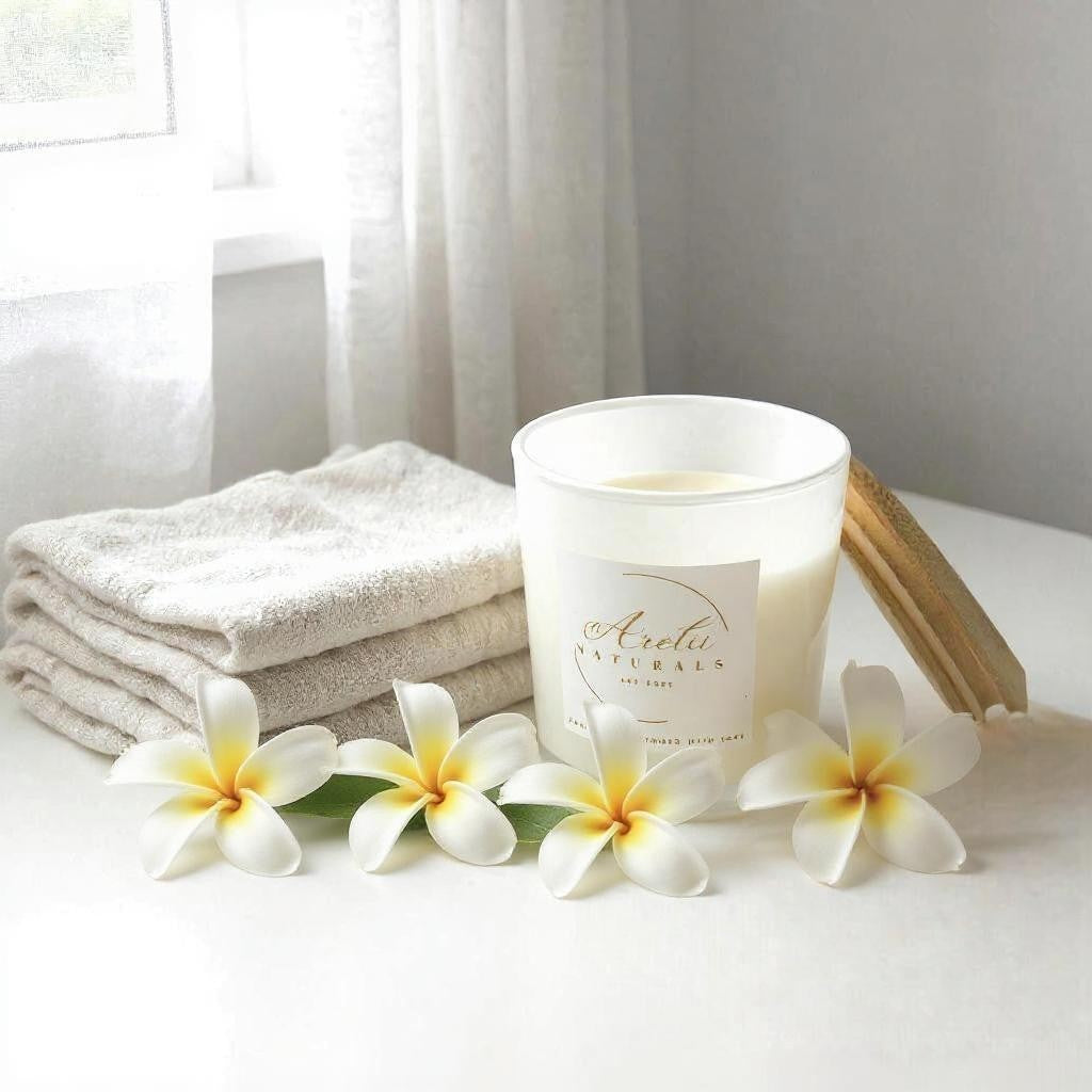 Aretii Coconut Frangipani coconut wax candle in white glass jar with white label and bamboo lid.