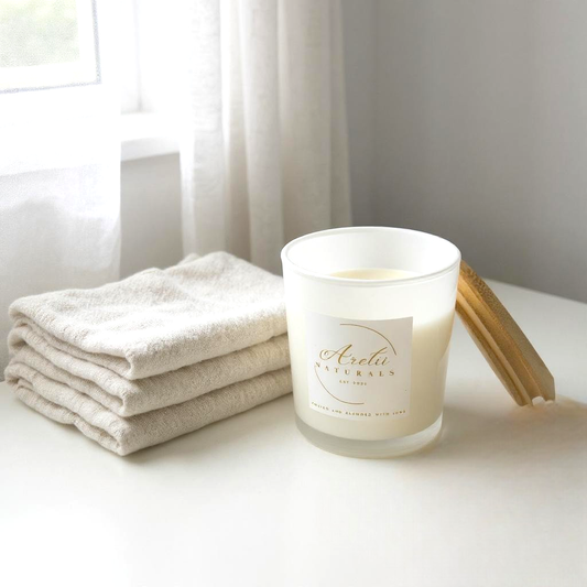 Aretii Scent of a man coconut wax candle in white glass jar with white label and bamboo lid.