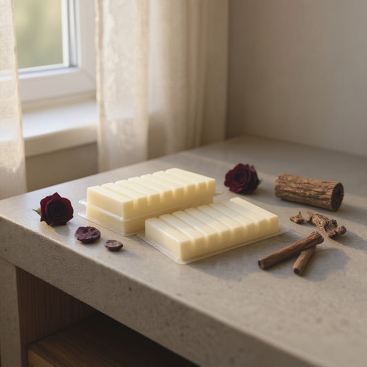 Aretii Black Rose & Oud 100g wax melts in clear clam shell.