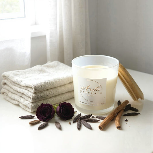 Aretii Black Rose & Oud coconut wax candle in white glass jar with white label and bamboo lid.