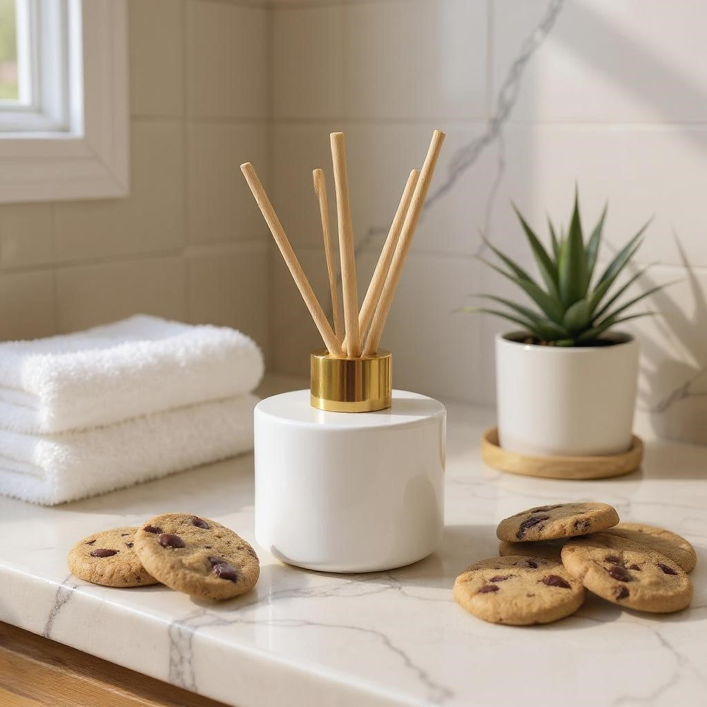 Aretii Choc Chip Cookie reed diffuser 120ml white glass bottle gold collar and 5 reeds.