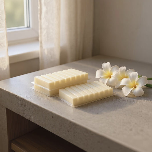 Aretii Coconut Frangipani 100g wax melts in clear clam shell.