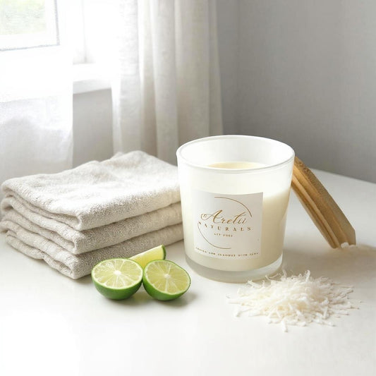 Aretii Coconut Lime coconut wax candle in white glass jar with white label and bamboo lid.