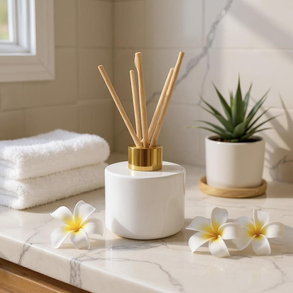 Aretii Coconut Frangipani reed diffuser 120ml white glass bottle gold collar and 5 reeds.