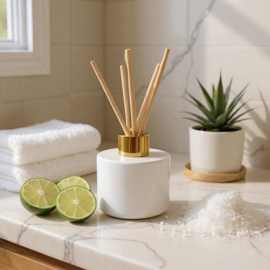 Aretii Coconut Lime reed diffuser 120ml white glass bottle gold collar and 5 reeds.