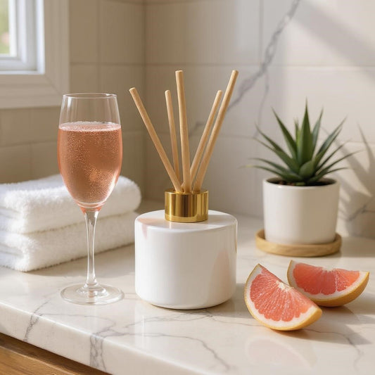 Aretii Exotic Pink Champagne reed diffuser 120ml white glass bottle gold collar and 5 reeds.