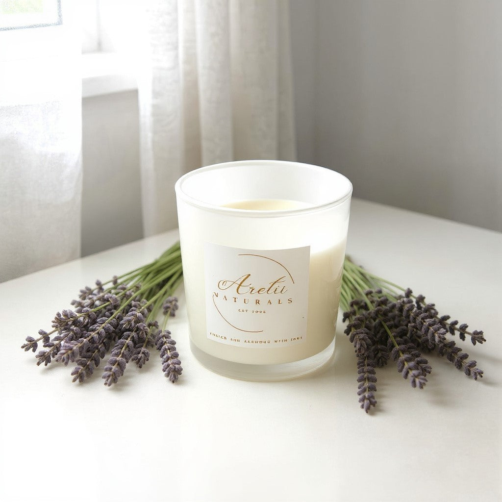 Aretii French Lavender coconut wax candle in white glass jar with white label and bamboo lid.