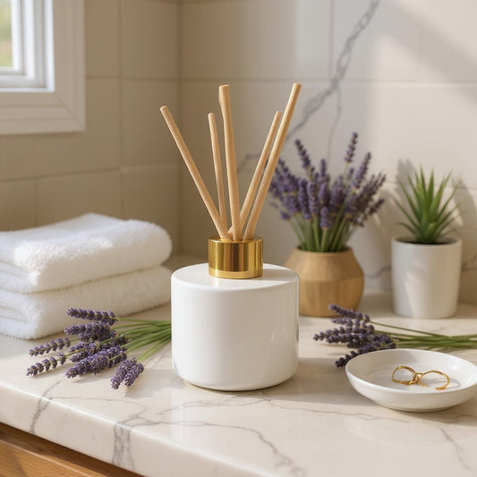 Aretii French Lavender reed diffuser 120ml white glass bottle gold collar and 5 reeds.