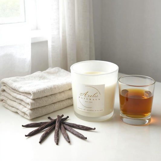 Aretii French Vanilla Bourbon coconut wax candle in white glass jar with white label and bamboo lid.