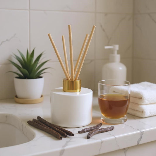 Aretii French Vanilla Bourbon reed diffuser 120ml white glass bottle gold collar and 5 reeds.