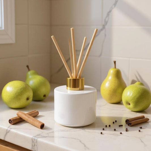 Aretii French Pear reed diffuser 120ml white glass bottle gold collar and 5 reeds.