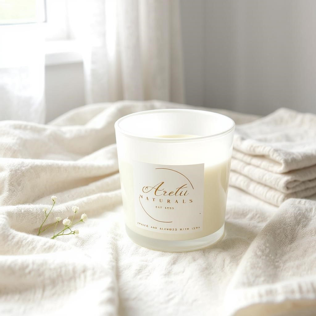 Aretii Fresh Linen coconut wax candle in white glass jar with white label and bamboo lid.