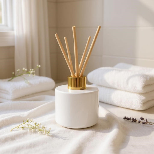 Aretii Fresh Linen reed diffuser 120ml white glass bottle gold collar and 5 reeds.