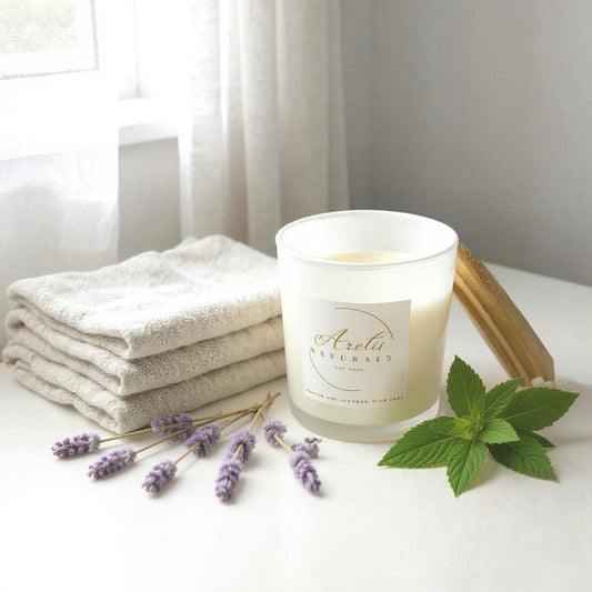 Aretii Lavender Mint coconut wax candle in white glass jar with white label and bamboo lid.