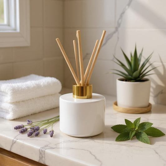 Aretii Lavender Mint reed diffuser 120ml white glass bottle with gold collar and 5 reeds.