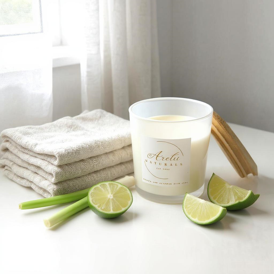 Aretii Persian Lemongrass coconut wax candle in white glass jar with white label and bamboo lid.