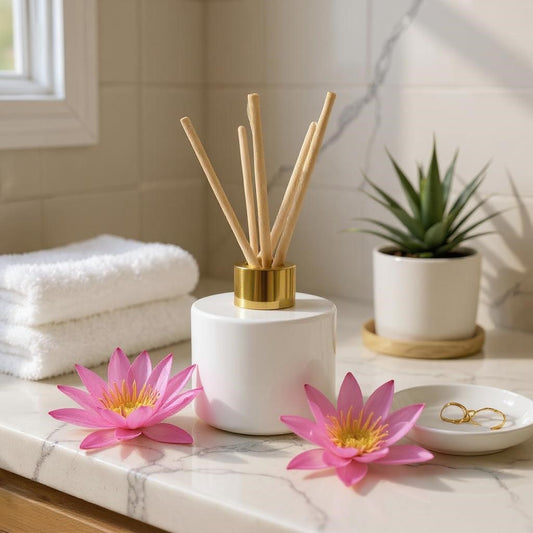 Aretii Pink Waterlily reed diffuser 120ml white glass bottle gold collar and 5 reeds.
