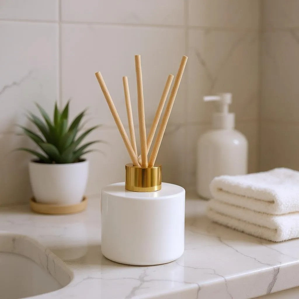 Aretii reed diffuser 120ml white glass bottle gold collar and 5 reeds.