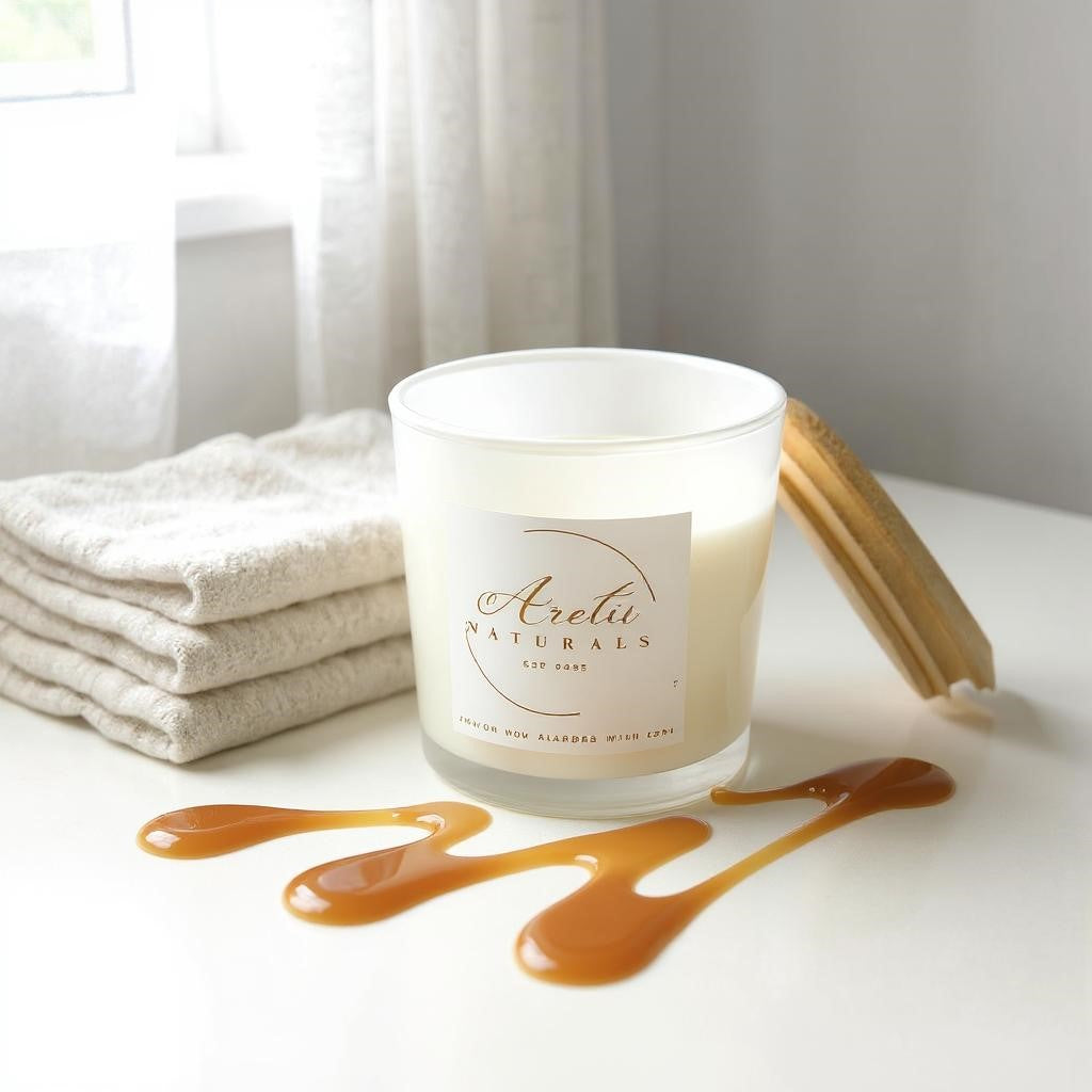 Aretii Salted Caramel coconut wax candle in white glass jar with white label and bamboo lid.