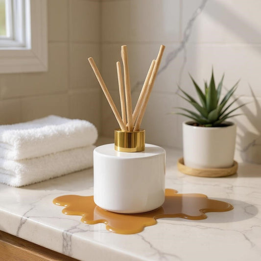 Aretii Salted Caramel reed diffuser 120ml white glass bottle gold collar and 5 reeds.