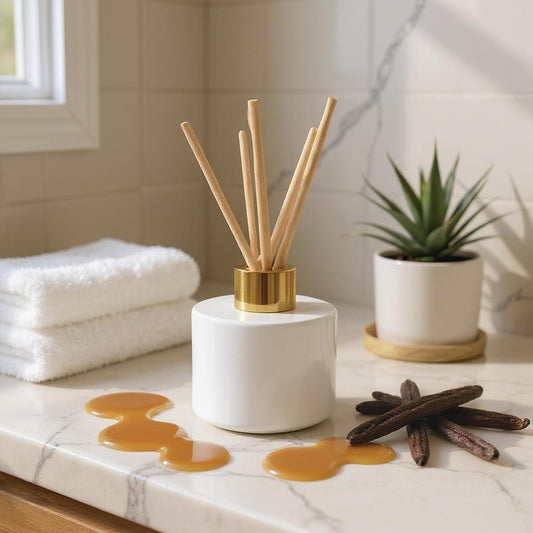 Aretii Vanilla Caramel reed diffuser 120ml white glass bottle gold collar and 5 reeds.