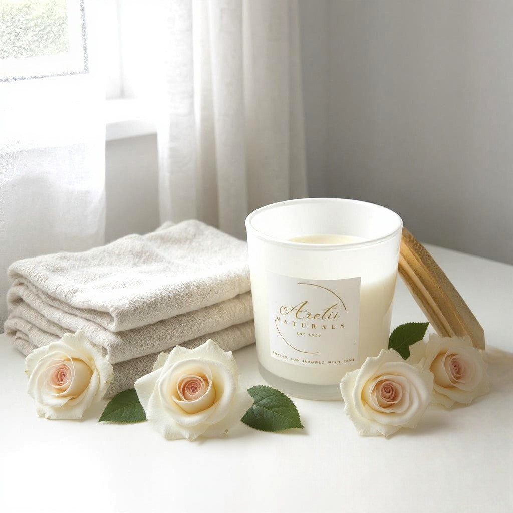 Aretii Victorian Rose coconut wax candle in white glass jar with white label and bamboo lid.
