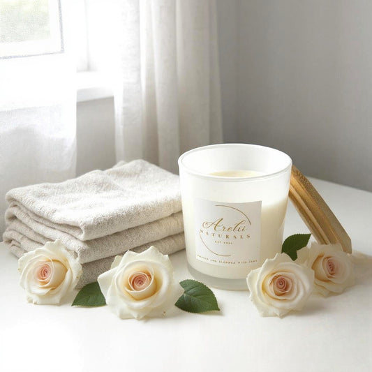 Aretii Victorian Rose coconut wax candle in white glass jar with white label and bamboo lid.
