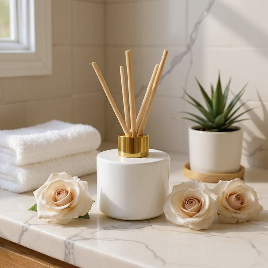 Aretii Victorian Rose reed diffuser 120ml white glass bottle gold collar and 5 reeds.